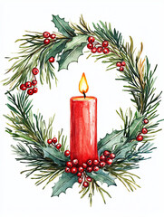 joyful watercolor style traditional wreath featuring red candle surrounded by pine branches and holly berries, perfect for festive decor