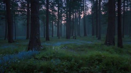 Fototapeta premium A Mystical Forest Pathway at Dusk with Blue Flowers