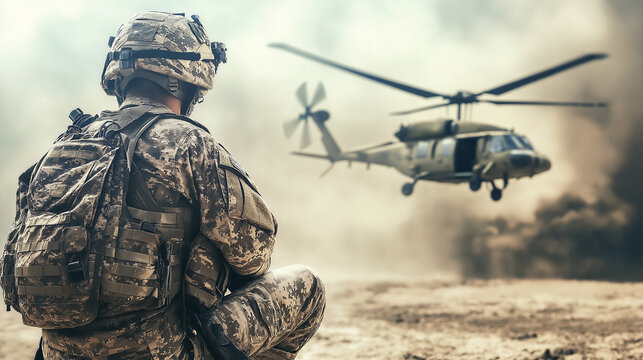 Military helicopter approaching behind the kneeling army soldier