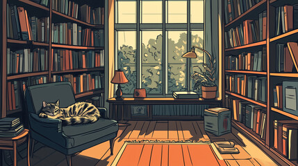 Warm and Inviting Library with Peaceful Cat and Natural Light