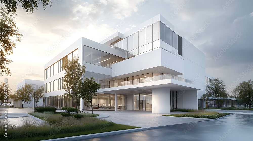 Poster modern architecture showcases innovative design and sustainable features in urban setting