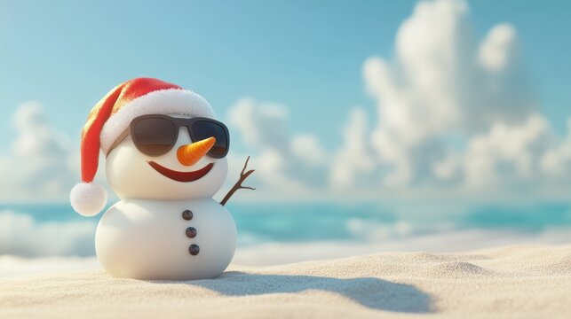 Cheerful snowman in santa hat and sunglasses on sunny beach with copy space for summer holiday theme