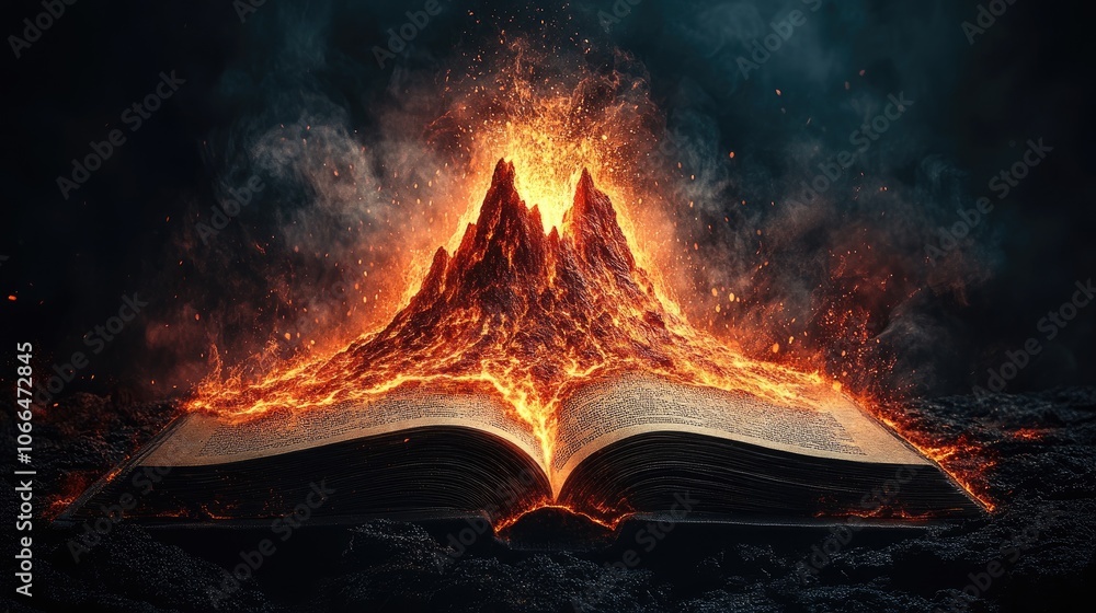 Aufkleber a fiery mountain erupts from an open book, symbolizing the power of knowledge and creation.