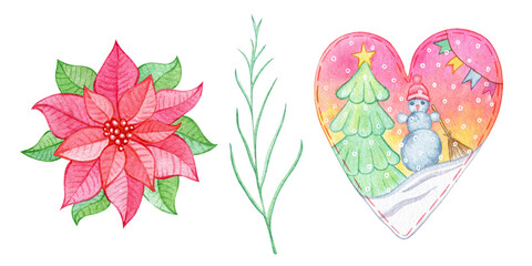 Christmas and New year watercolor hand drawn set of decoration. Elements for design pattern, invitation, textile, card, scrapbook. Collection objects isolated on white. 