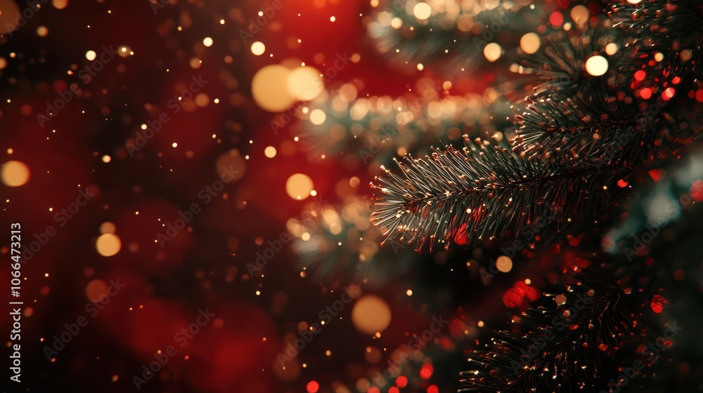 Poster christmas background with xmas tree and sparkle bokeh lights on red canvas background. merry christm