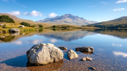 Explore the breathtaking reflections of nature in a serene mountain lake landscape