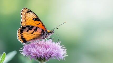 Beautiful butterfly collects nectar from vibrant purple flower in nature's splendor