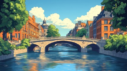 Naklejka premium A picturesque view of a bridge over a canal in a European city with colorful buildings and lush greenery on a sunny day.