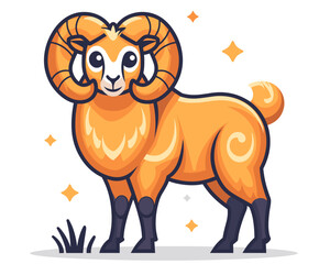 Fototapeta premium Cartoon ram with a smile on its face stands in a field of grass. The ram is orange and has a white face