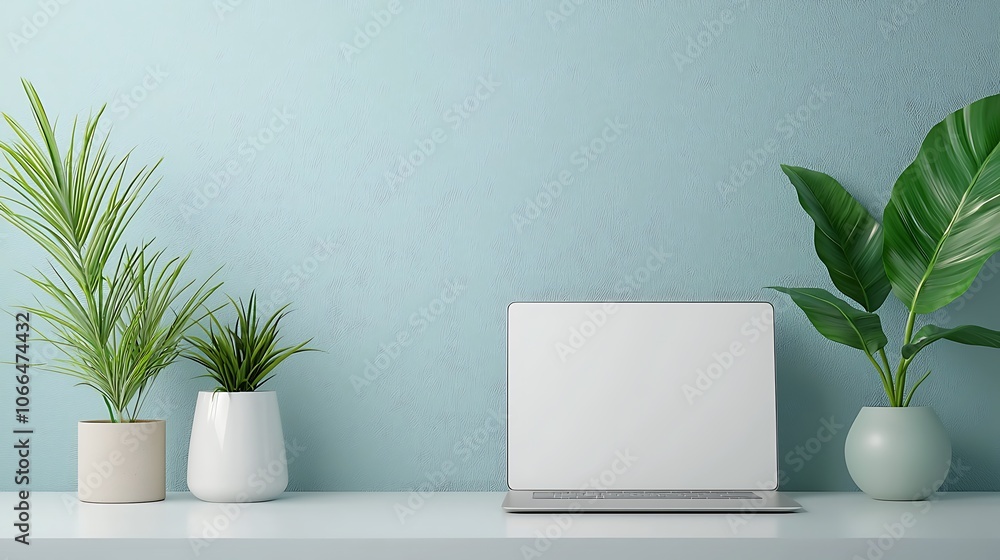 Poster create a serene workspace with green plants and a minimalist laptop setup