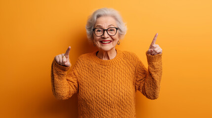Photo of satisfied optimistic pretty glad grandma pointing at herself boasting about handmade knitted seasonal jumper isolated bright color background