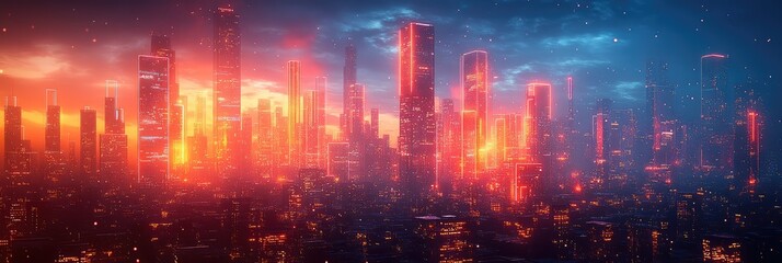Naklejka premium Blockchain technology, cybersecurity, Futuristic Digital Cityscape with Neon Lights and Glowing Data Streams