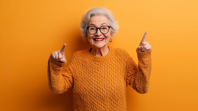 Photo of satisfied optimistic pretty glad grandma pointing at herself boasting about handmade knitted seasonal jumper isolated bright color background