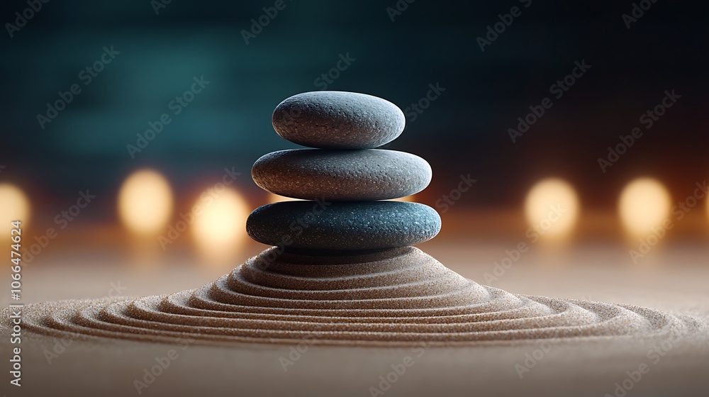 Poster explore tranquility through balanced stone stacking in serene sand patterns