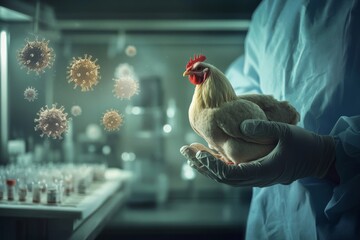 Doctors wear gloves to hold chickens, viruses are scattered around , Bird flu outbreak , illustration , Generative AI