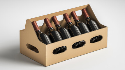 Wine bottle cardboard box design illustration with handle, white background , bottle of wine