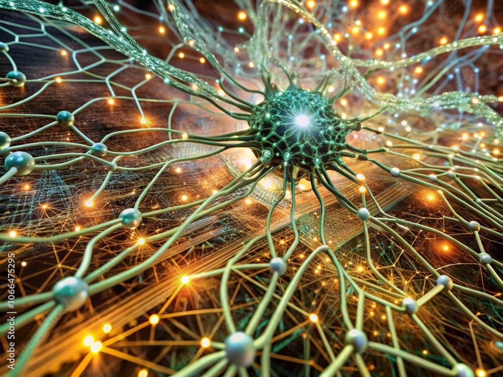 Poster abstract blue green technology background with cyber network grid and connected particles