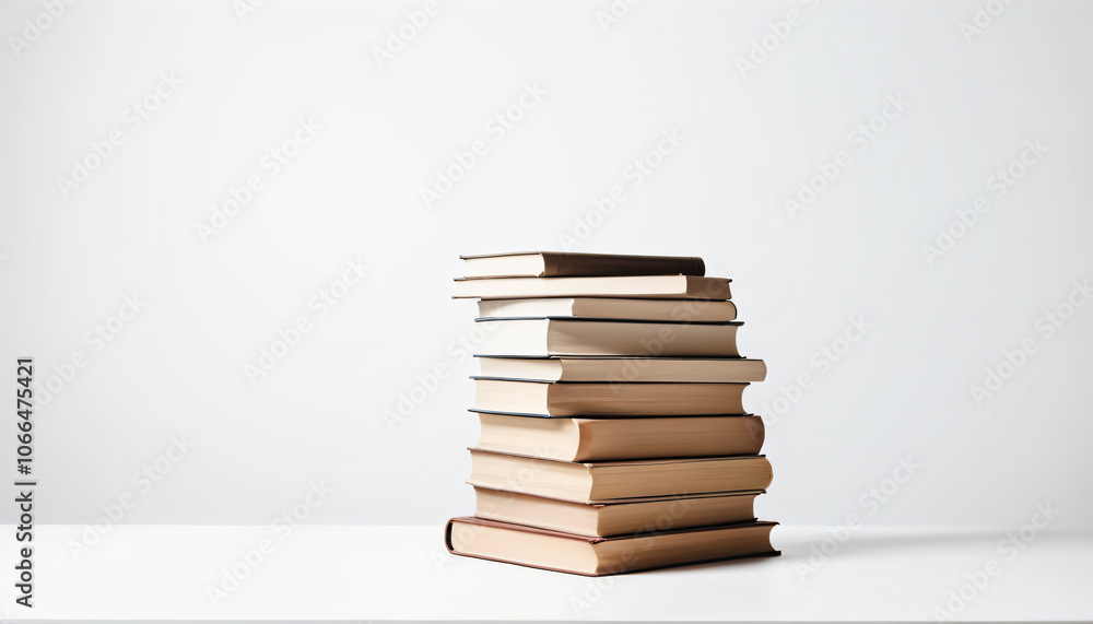 Aufkleber A stack of variously sized books sits alone on a clean white surface with plenty of empty space around it._00001_