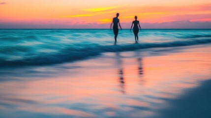 Two Silhouettes Walking into the Ocean at Sunset