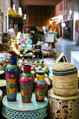Colorful vases and baskets at a market stall.