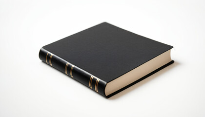 A small black book lies isolated against a plain white surface._00001_