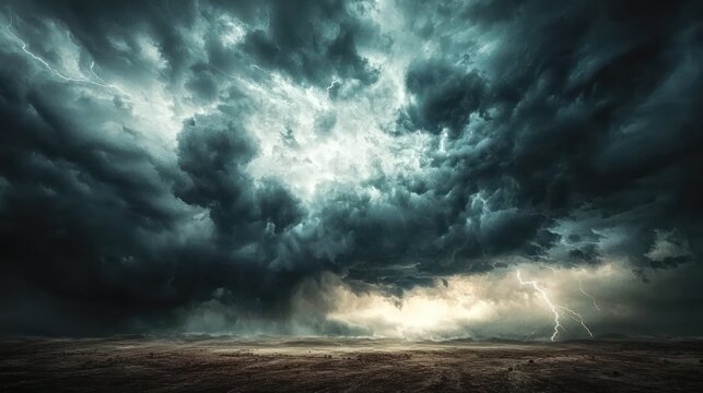 A dramatic view of dark storm clouds rolling in over a vast landscape, with flashes of lightning illuminating the sky, capturing the power of nature's fury.