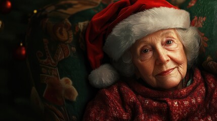 copy space, portrait of an elderly woman, grandmother with santa hat and grandchild with santa hat...