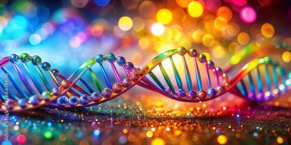 Poster abstract rainbow color background with scientist examining dna structure using tilt-shift photograph