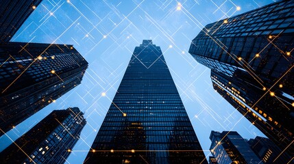 Futuristic skyscraper with digital network overlay at dusk