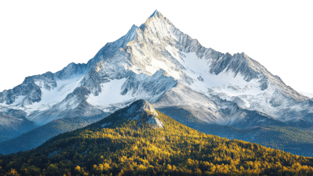 Majestic mountain peak surrounded by lush green forests and rocky terrain, showcasing stunning contrast between snow capped summits and vibrant foliage