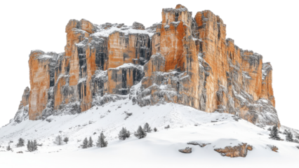 Majestic rock formation surrounded by snow, showcasing towering cliffs and rugged textures. scene captures beauty of nature in winter, evoking sense of tranquility and awe