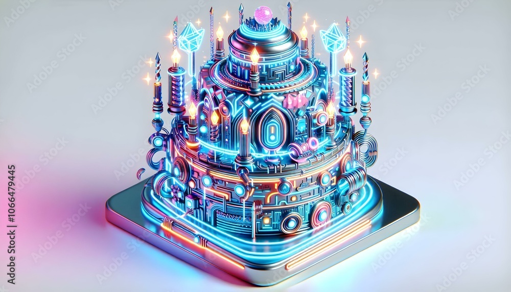 Poster 3d futuristic holographic cake macro close-up with intricate patterns and glowing decorations for ev