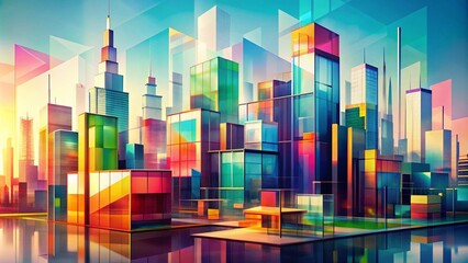 Abstract Transparent Suprematist Urban Cityscape Illustration: Modern Architecture, Geometric Shapes, Transparency, Colorful Overlay, Futuristic Design, Minimalist Aesthetic, Urban Landscape