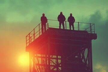 Workers Silhouetted Against Sunset on a Tall Metal Structure