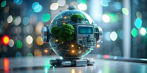 Business Team Leveraging AI for Green Supply Chain Management in Bokeh Digital Art Showcasing AI Integration with Sustainable Practices; Space for Text or Branding