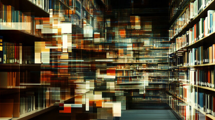 Digital library, digital glitch effect, digital art, modern way to read