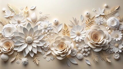 Abstract White Paper Flowers 3D Render for Horizontal Floral Background, Ideal for Greeting Card Templates and Decorative Elements in Architectural Photography