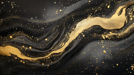 Abstract Black and Gold Swirling Liquid Art with Glitter