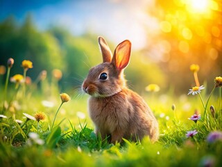 Fototapeta premium Adorable Brown Rabbit on Green Meadow in Bright Sunshine - Cute Furry Animal Captured in Natural Habitat