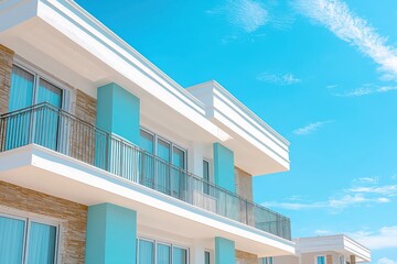 Luxurious Exterior, Light Blue and Mocha Colors, Minimalist Sky.