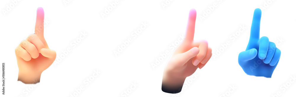 Poster set of 3d realistic icon of hand which touch surface or screen, click the button or points to someth