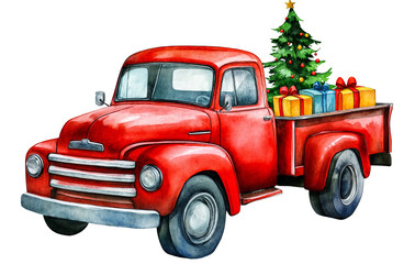 Watercolor illustration of the red truck with a Christmas tree and presents on the back.