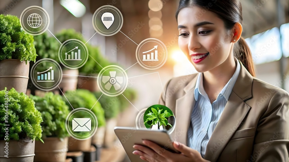 Poster businesswoman overseeing ai-driven green supply chain in candid setting - showcasing role of artific