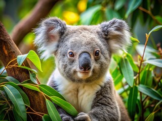 Obraz premium Adorable Koala Relaxing in a Zoo Surrounded by Lush Greenery, Capturing the Charm of Australia’s Wildlife with Tilt-Shift Photography Effects