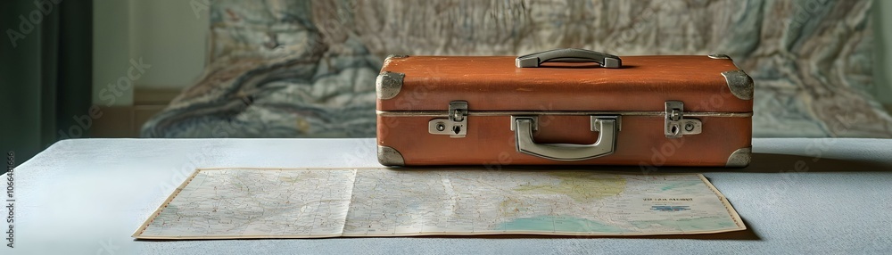 Poster plain background suitcase map table ample copy space road trip preparation photograph - stationary c