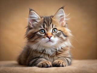 Adorable Small Siberian Kitten on Light Brown Background - Captivating Drone Photography of Fluffy Feline, Perfect for Pet Lovers and Animal Enthusiasts