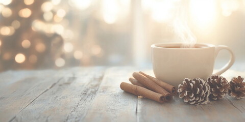A photo of a  cup of hot coffee/chocolate/tea on a table with  a candle, cinnamon and christmas decorations, blurred bokeh background wallpaper