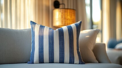 A blue and white striped throw pillow on a couch in a living room with soft lighting.