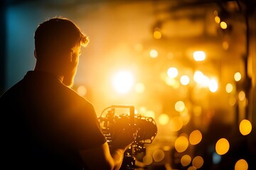 Movie production team adjusting lights close up, warm tones, copy space Double exposure silhouette with film reel