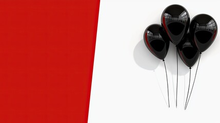 Three black balloons on a white background with a red section. Black friday sale